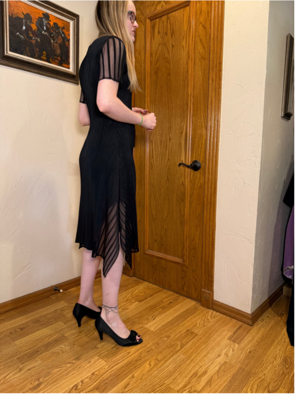 Veeca Black Pleated Lagenlook Midi Dress Sheer Mesh Asymmetrical S - Picture 10 of 11